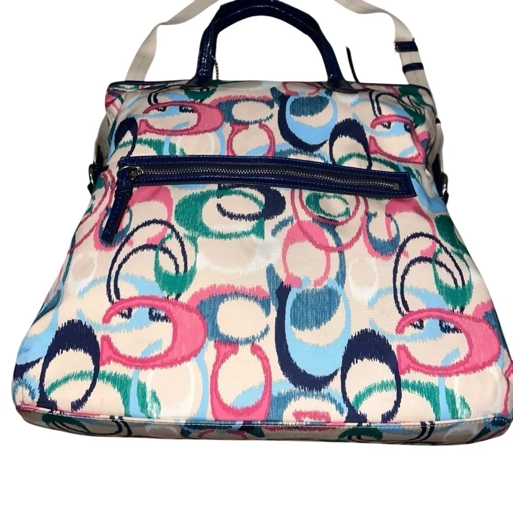 EUC Coach Signature Ikat Print Monogram Foldover Tote Crossbody Bag Navy Pink